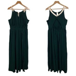 Dark Green Ivory Satin Christmas Holiday Formal Maxi Dress Size XL